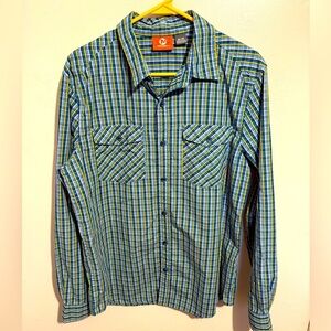 Merrell Men's Blue and Green Plaid Button Down Classic Shirt Medium 100% Cotton